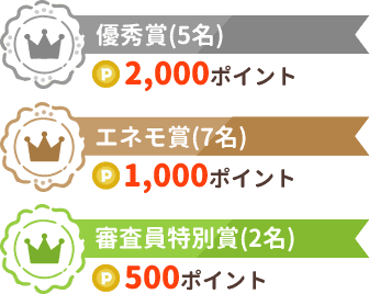 優秀賞(5名) 2,000ポイント エネモ賞(7名) 1,000ポイント 審査員特別賞(2名) 500ポイント