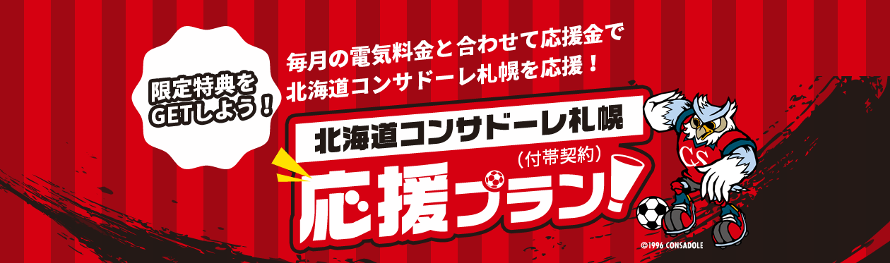 限定特典をGETしよう！　毎月の電気料金と合わせて応援金で北海道コンサドーレ札幌を応援！　北海道コンサドーレ札幌応援プラン（付帯契約）　©1996 CONSADOLE