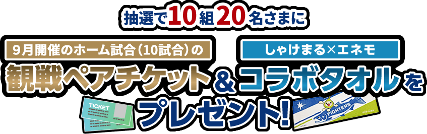 抽選で10組20名さまに9月開催のホーム試合（10試合）の感染ペアチケット＆しゃけまる×エネモコラボタオルをプレゼント！