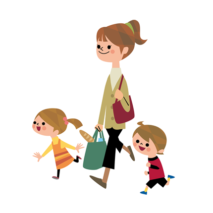 お子さんと一緒に歩く女性のイラスト