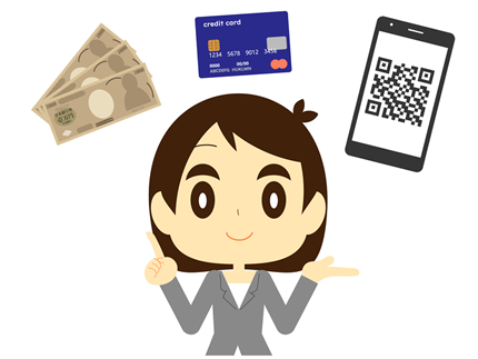 現金、クレジットカード、QRコード決済のイメージ