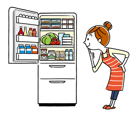 冷蔵庫の中の食材を確認する主婦のイラスト