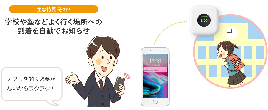 【主な特徴 その2】学校や塾などよく行く場所への到着を自動でお知らせ