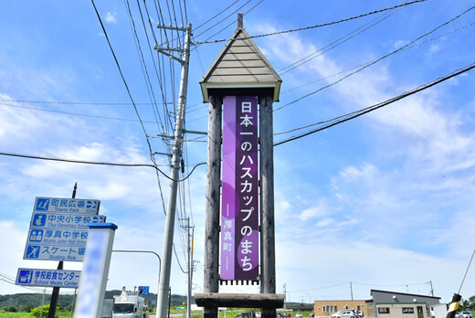 「日本一のハスカップのまち」をアピールする看板
